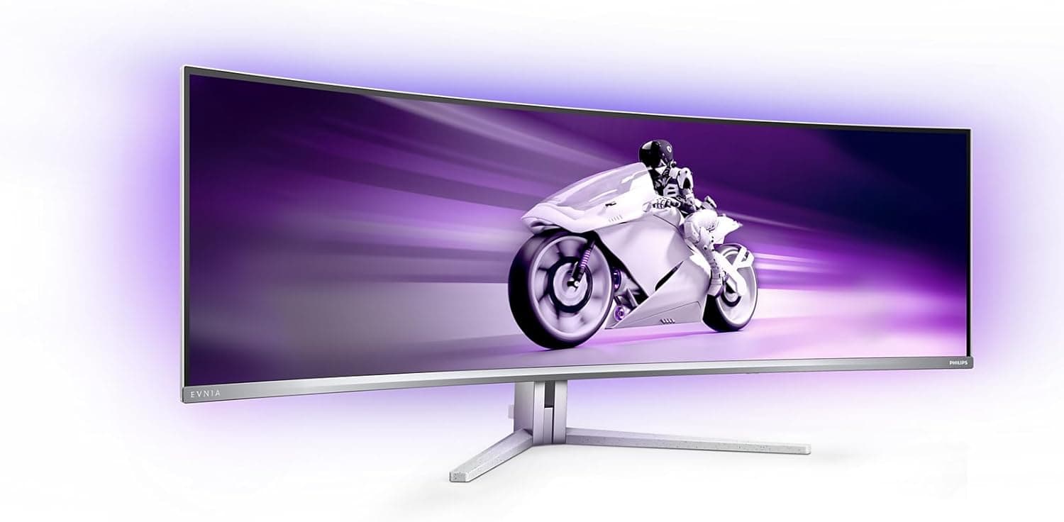 Philips Evnia 49M2C8900L, Monitor curvo OLED DQHD de 49 polegadas, 144 fércios, 0,03 ms GtG, HDR400, Ambiglow, FreeSync Prem. Pro (5120x1440, HDMI 2.1, DisplayPort 1.4, USB-C, hub USB) branco