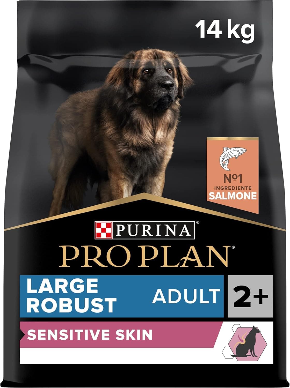 Purina Pro Plan Sensitive Skin, Large Adult Robust, ração para cão adulto grande robusto, Derma, pele e pelagem, comida seca com salmão, 1 saco de 14 kg