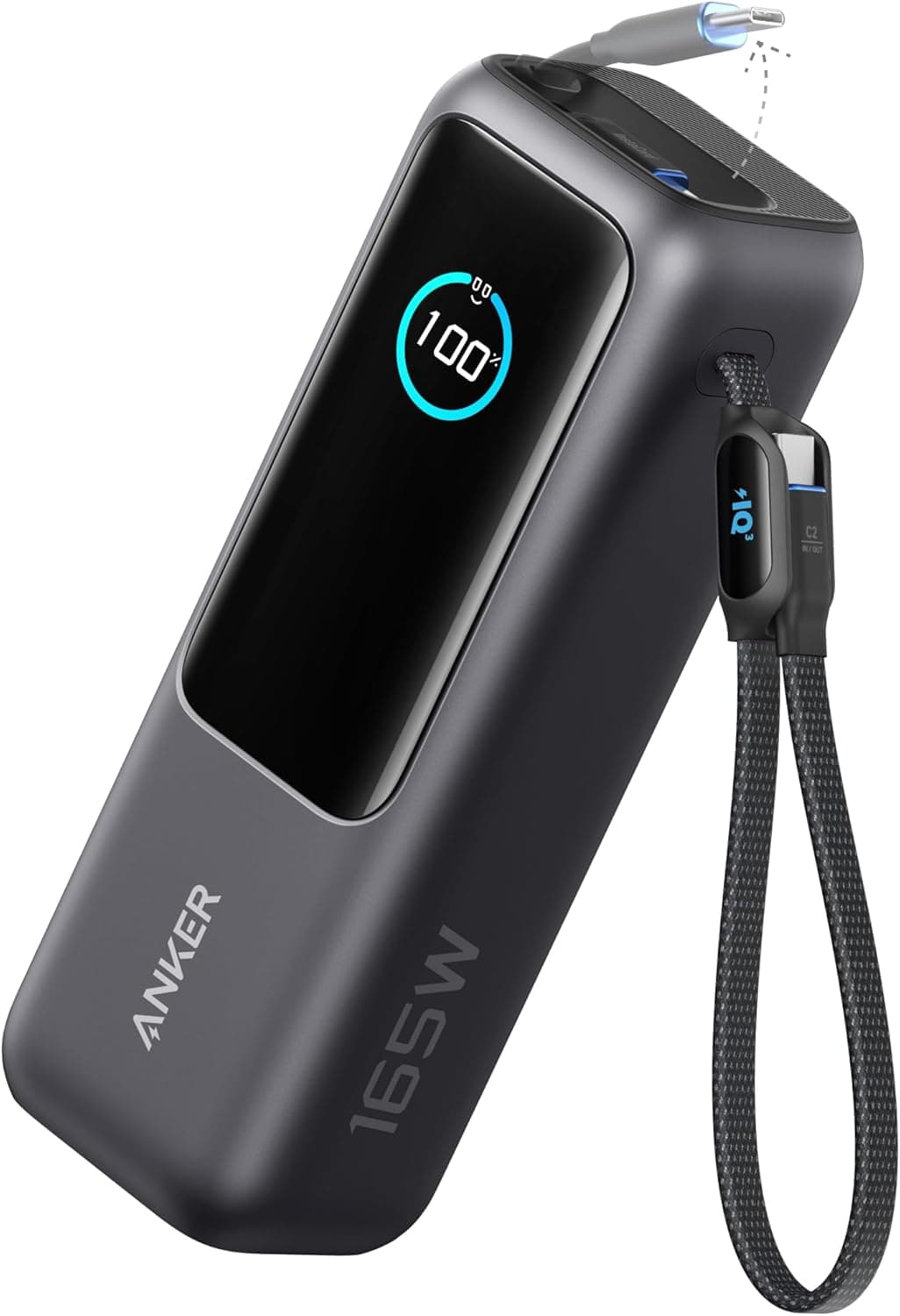 Anker Zolo Power Bank Carregador portátil de 25000 mAh e 165 W, três portas USB-C de 100 W máximo. para o carregamento de vários dispositivos, cabos integrados e retráteis