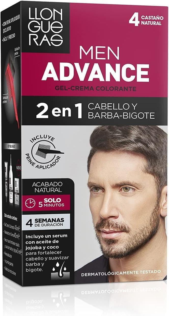 Llongueras Homem avançado, gel creme de cor 2 em 1, para cabelo e barba-bigode, com óleo de jojoba, cor masculina, neutro e hidratado, acabamento natural em 5 minutos, tom 4, castanho natural