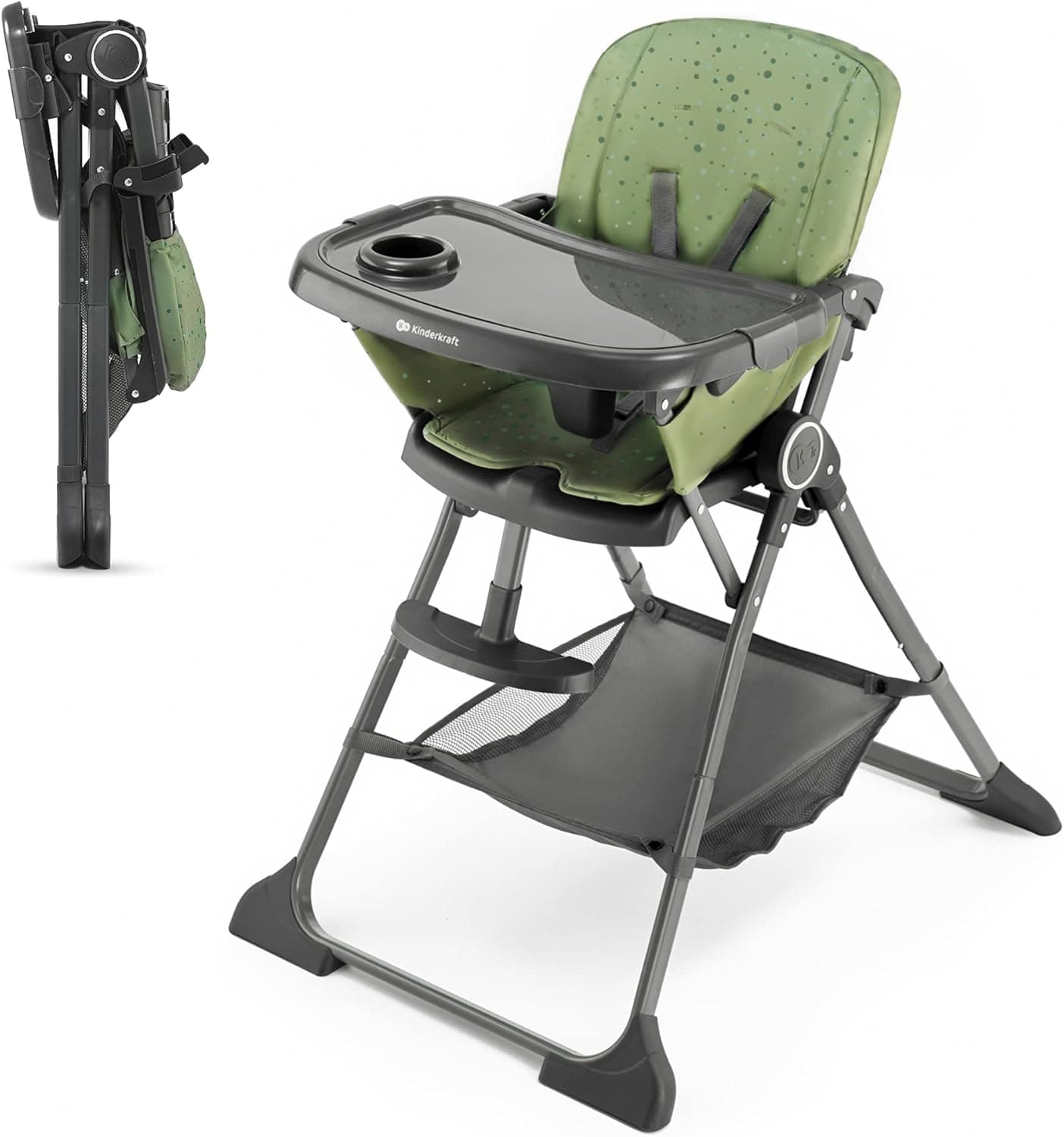 Kinderkraft FOLDEE Cadeira alta para bebé, ergonómica, confortável, reclinável, dobrável, apoio para os pés ajustável, bandeja dupla removível, para crianças, de 6 meses a 3 anos, verde