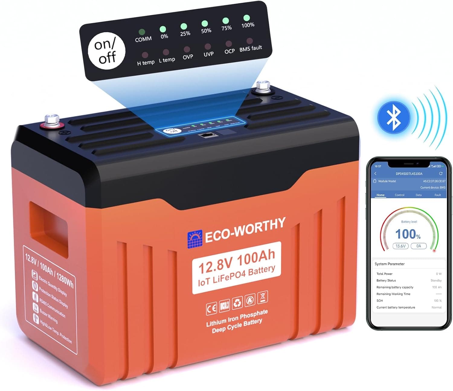 ECO-WORTHY Bateria de lítio 12 V 100 Ah com ecrã LED, bateria LiFePO4 com proteção de baixa temperatura BMS e MAX. 15000 ciclos, 1280 Wh LiFePO4 12 V para auto-caravana, placa solar, barco, motor