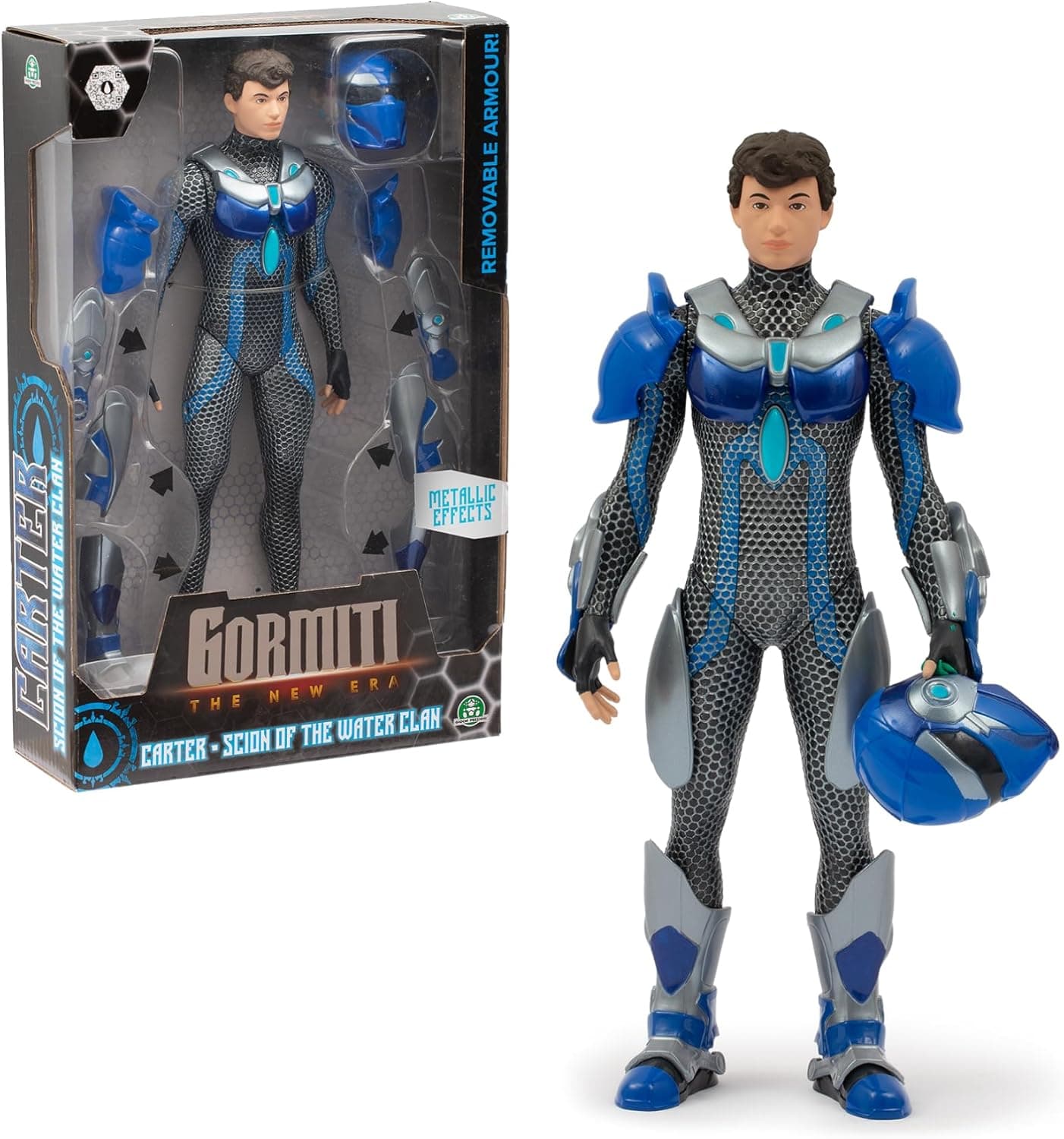 Gormiti Carter de 27 cm com várias peças de armadura, Gormiti da Nova era, armadura de remoção e coloca, brilhantes com acabamentos metálicos, 9 pontos de articulação, famosa (GRV03200)