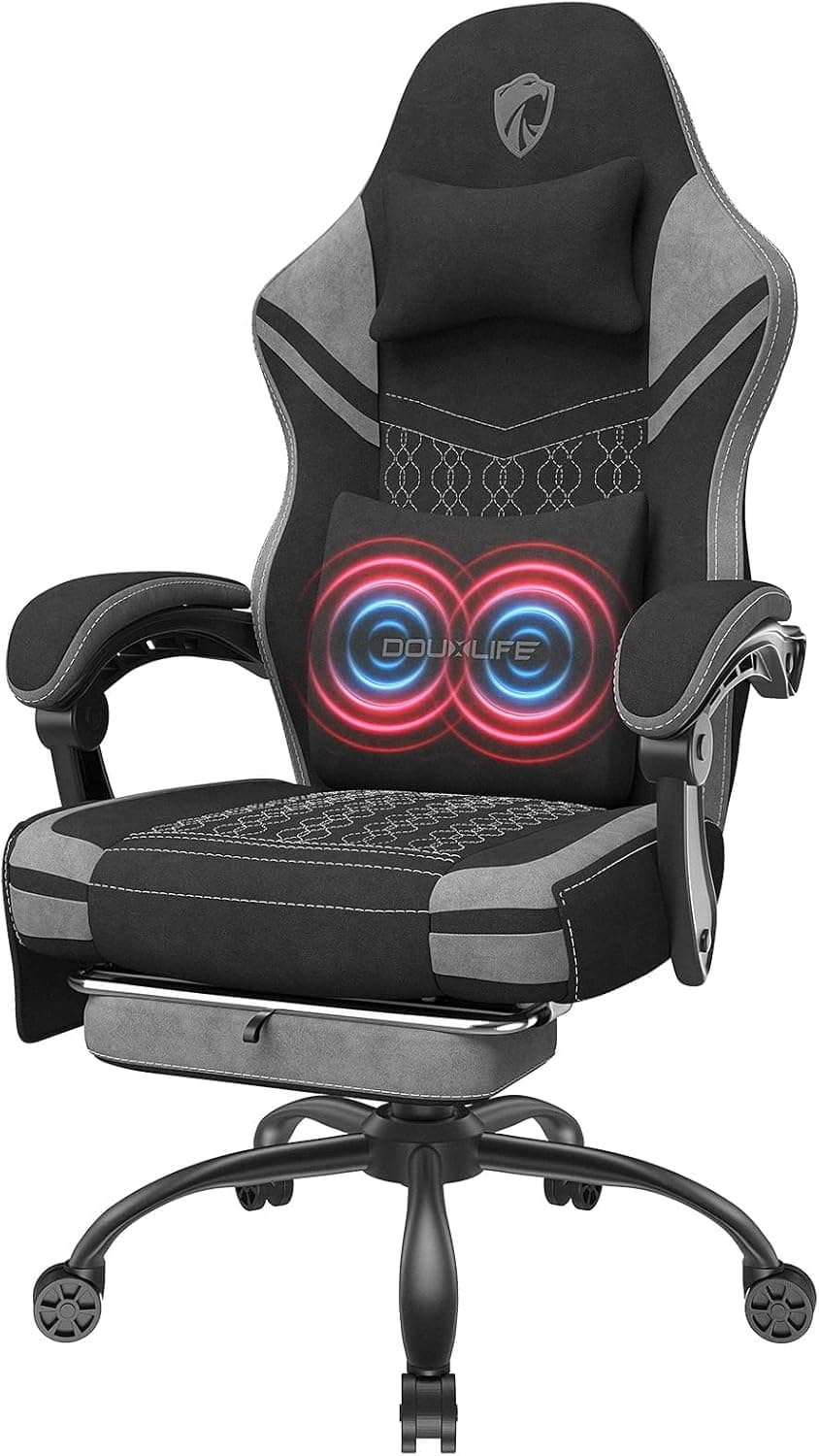 Douxlife Cadeira de jogos ergonómica em tecido High-Tech com almofada de molas ensacadas, com almofada lombar de massagem, pés de metal para e saco de armazenamento