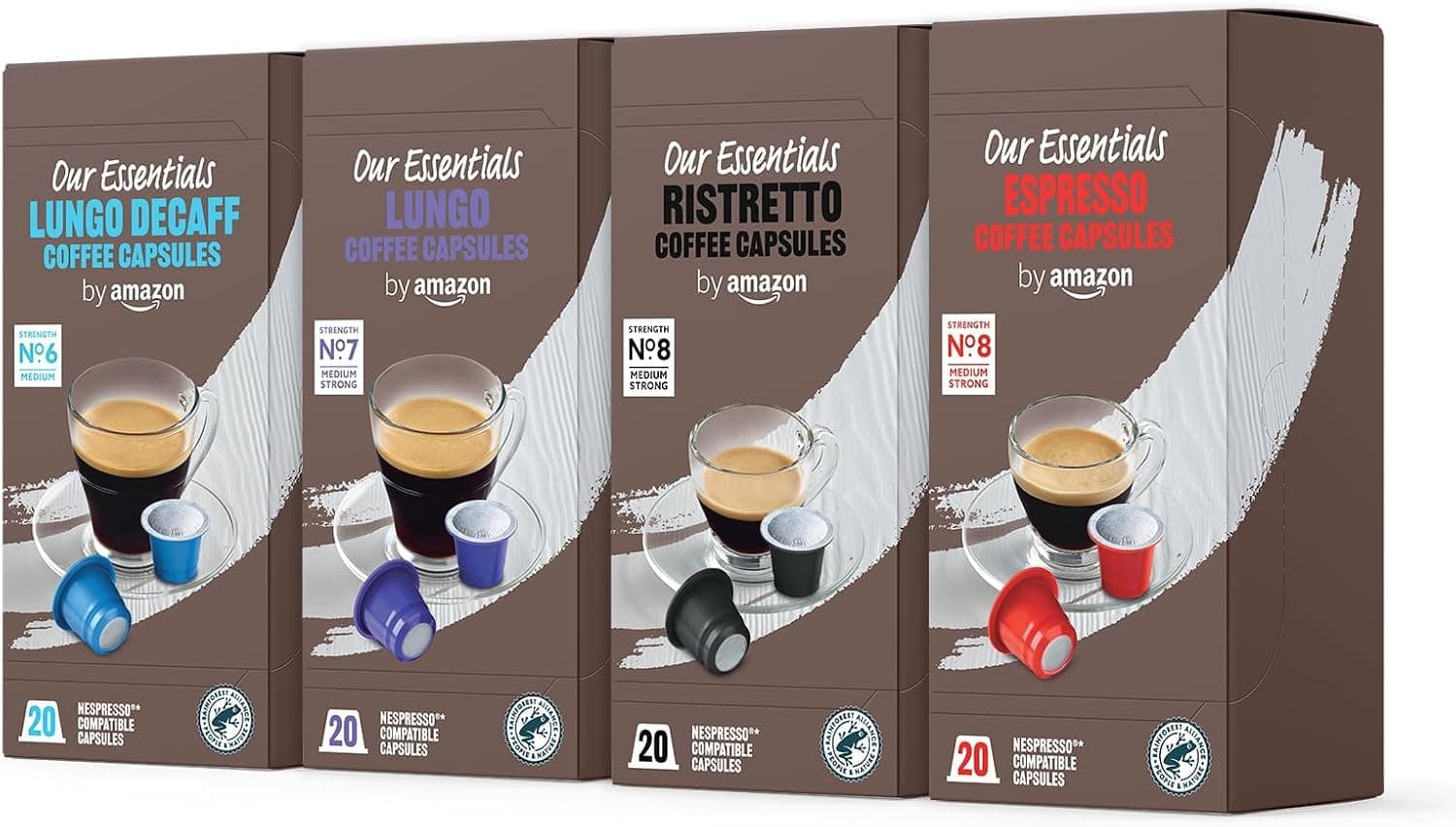 by Amazon Pacote variado padrão cápsulas de café compatíveis com Nespresso, torrada média, 80 unidades (4 embalagens de 20) - Certificação Rainforest Alliance