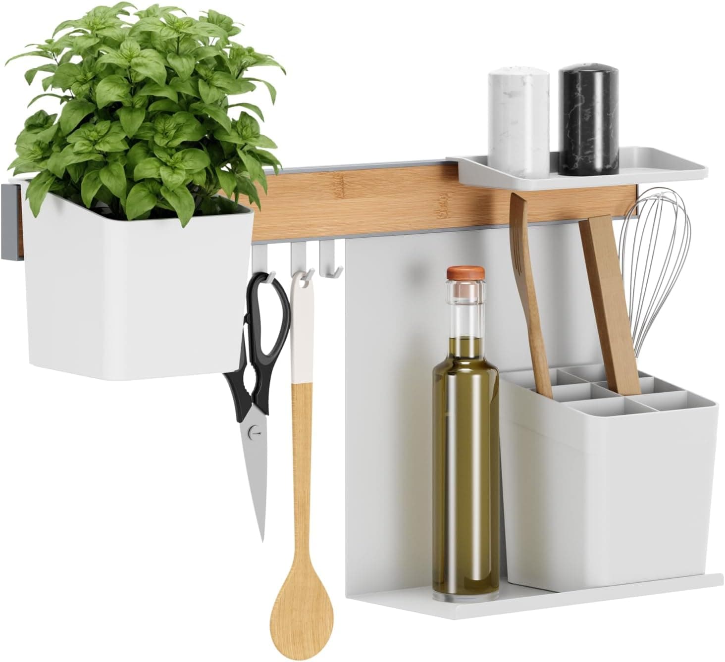 tesa Conjunto organizador de cozinha M - trilho autocolante com vaso para ervas, 2 prateleiras, recipiente para utensílios, barra com 3 ganchos - montagem sem furar - bambu / branco