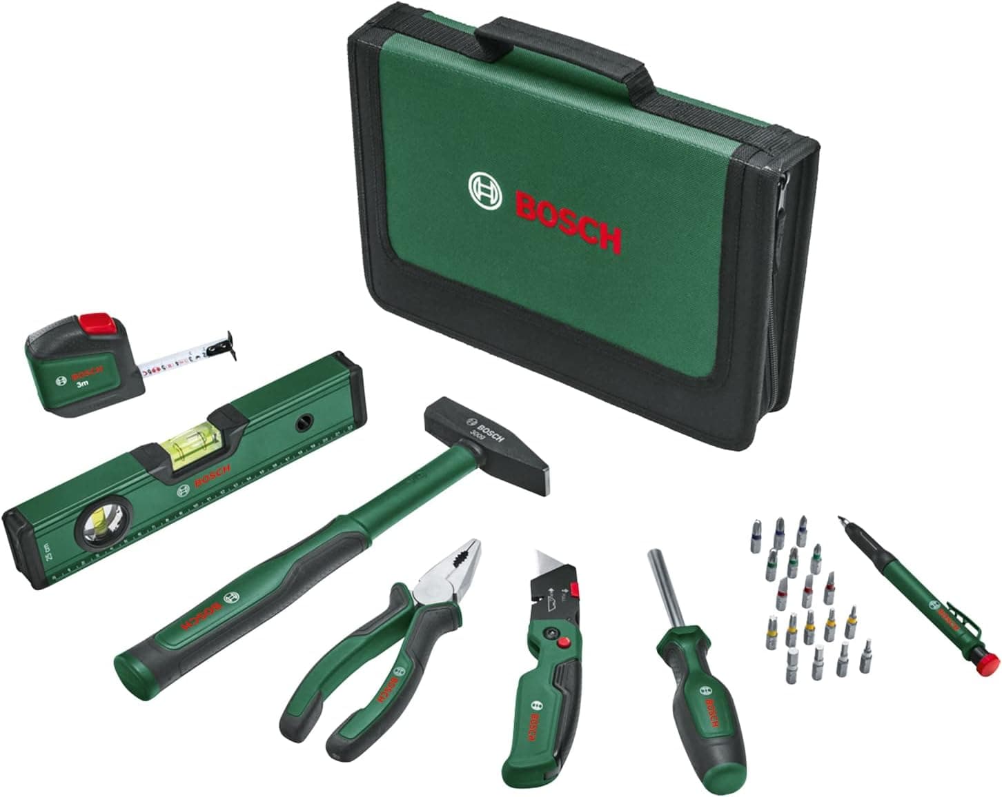 Bosch Home and Garden Conjunto universal de ferramentas manuais, 25 peças, kit versátil de ferramentas para uso geral em bricolage doméstica, corte, licate combinado, fita métrica, nível