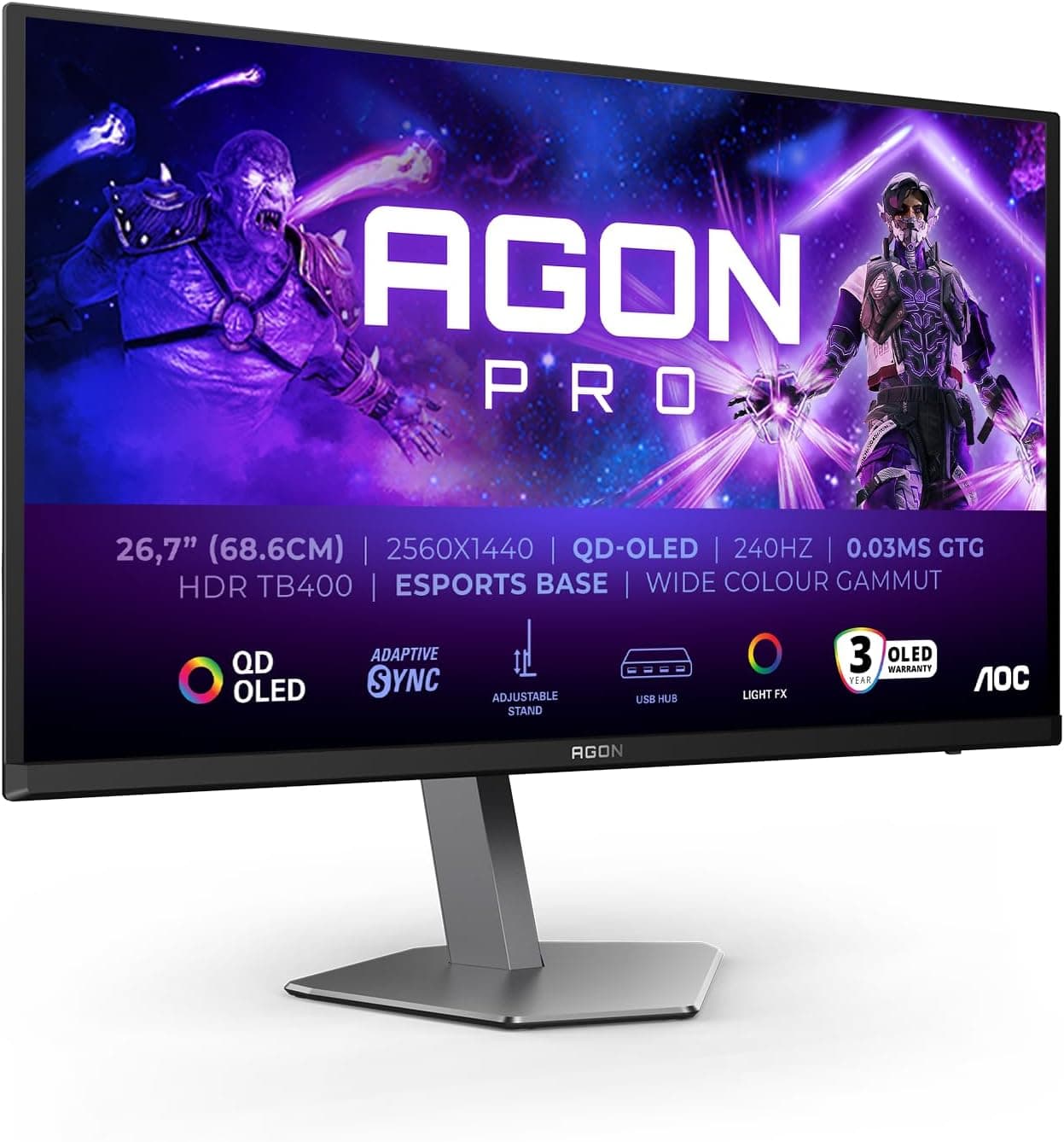 AOC Agon Pro AG276QZD2AM Monitor OLED QHD de 27 polegadas, 240 Hz, 0,03 ms GtG, FreeSync Premium Pro, G-Sync Comp., HDR400 2560x1440, 2X HDMI 2.1, DisplayPro, DisplayPro. ort, USB Huu B Preto, 27
