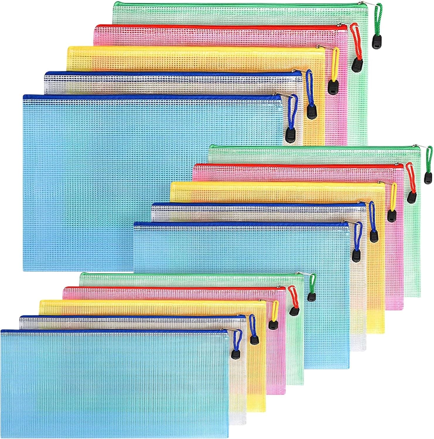 FYY Capa para documentos A4 A5 + A6, 15 unidades (5 unidades cada) com fecho de correr, bolso de malha de plástico com fecho de correr, para escritório escolar, cosméticos, bolsas de cor