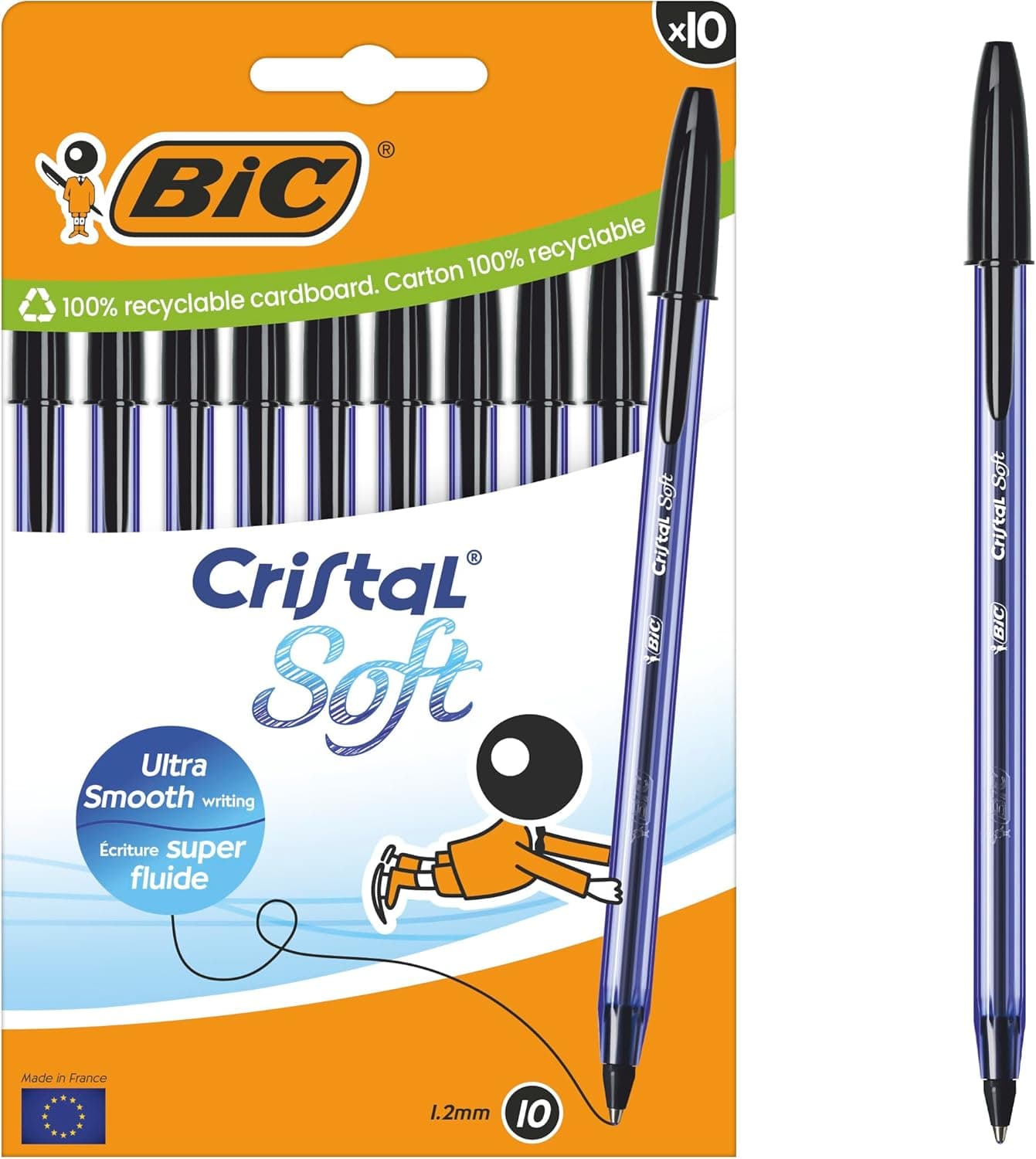 BIC Cristal Soft | Caixa de 10 esferográficas de tinta preta com escrita suave, ponta média de 1,2 mm