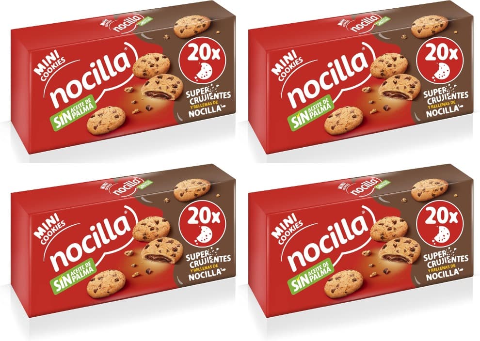 Nocilla, Mini cookies, original, minigalhetas com gotas de chocolate, preenchidas com ocilla original, sem óleo de palma, 4 pacotes de 5 unidades - 160 g
