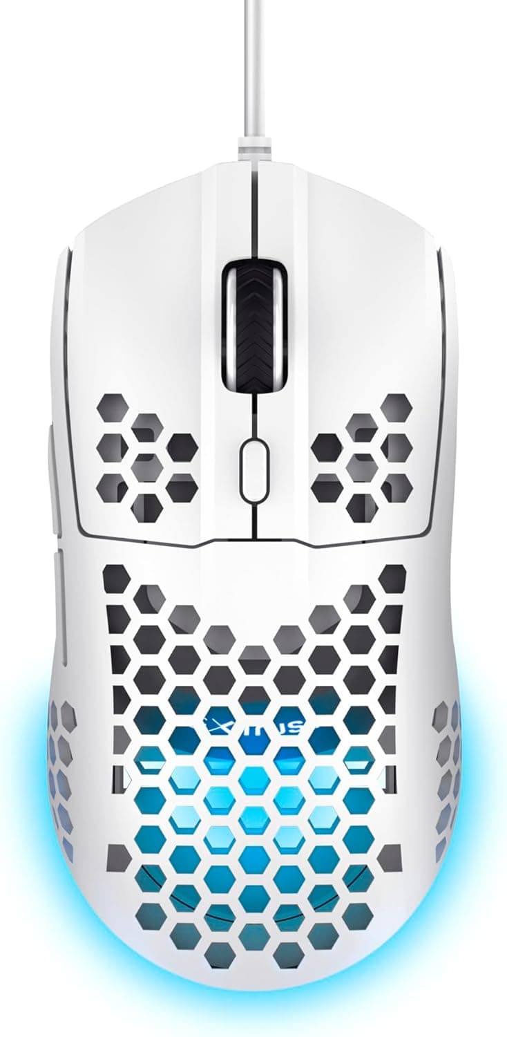 Trust Gaming GXT 928W Helox rato Gaming ultraleve 65 g, dpi ajustável 200-6400 sensor ótico, 6 botões programáveis, iluminação RGB Mouse Gaming com cabo USB PC, computador portátil, branco