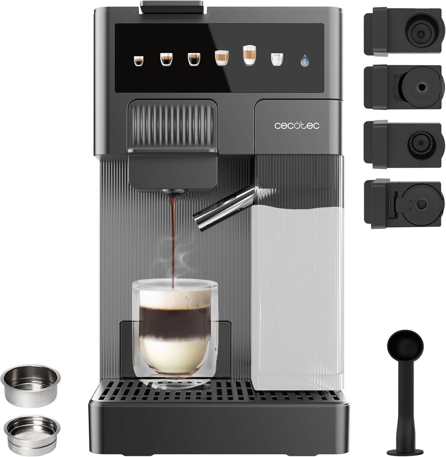 Cecotec Cafeteira cápsulas expresso com tanque de leite FreeStyle Latte T. 1350 W, 20 bares, compatível com café moído, doce gosto, nespresso e K-Fee, depósito de água 1,6 l e 400 ml de leite