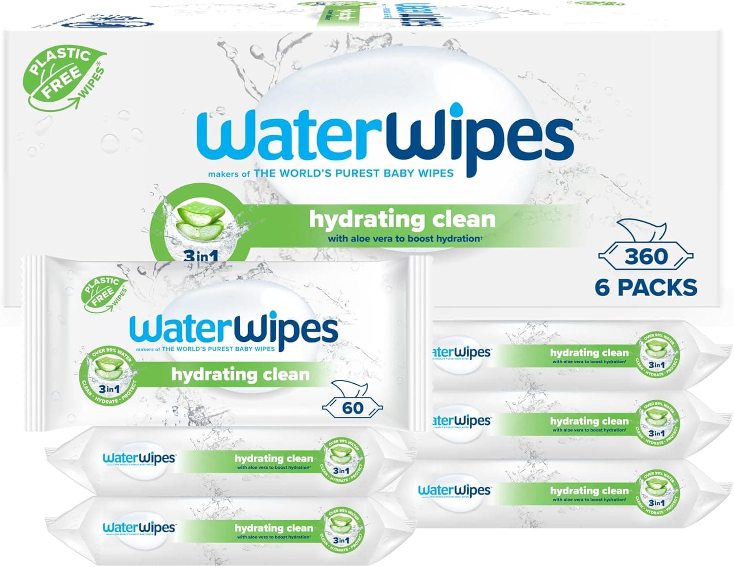 WaterWipes Limpeza hidratante toalhetes para bebé, 360 toalhetes (6 pacotes), com 99% de água e extrato de aloé verera, toalhetes húmidos para rosto e corpo