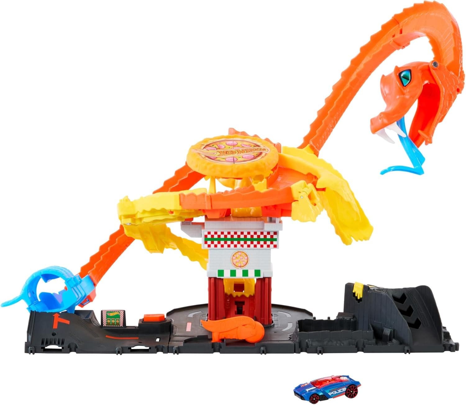 Hot Wheels City "Let's Race - a correr!" Netflix - Pizza Slam ataque de cobre pista para carros de brinquedo com serpente, inclui 1 veículo, + 4 anos (Mattel HTN81)