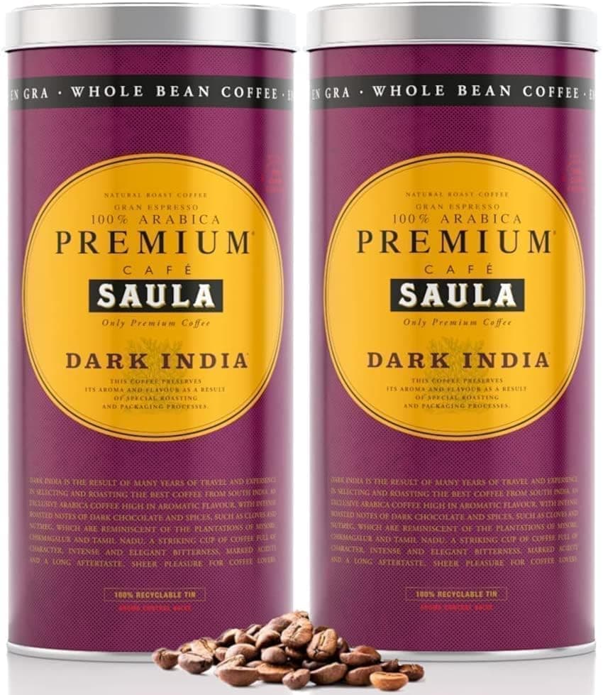 Café Saula Pack de 2 latas grande expresso premium Dark Índia 500 g. Grão 100% árabe