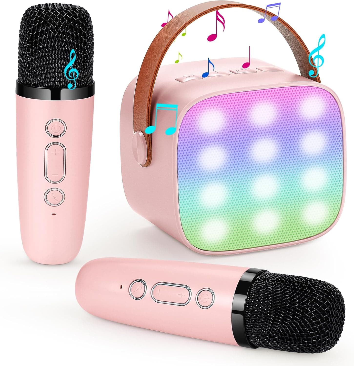 Damcyer Máquina de Karaoke de 2 microfones, máquina de karaoke portátil Bluetooth, microfone sem fios portátil para crianças e principiantes, pó de Sakura