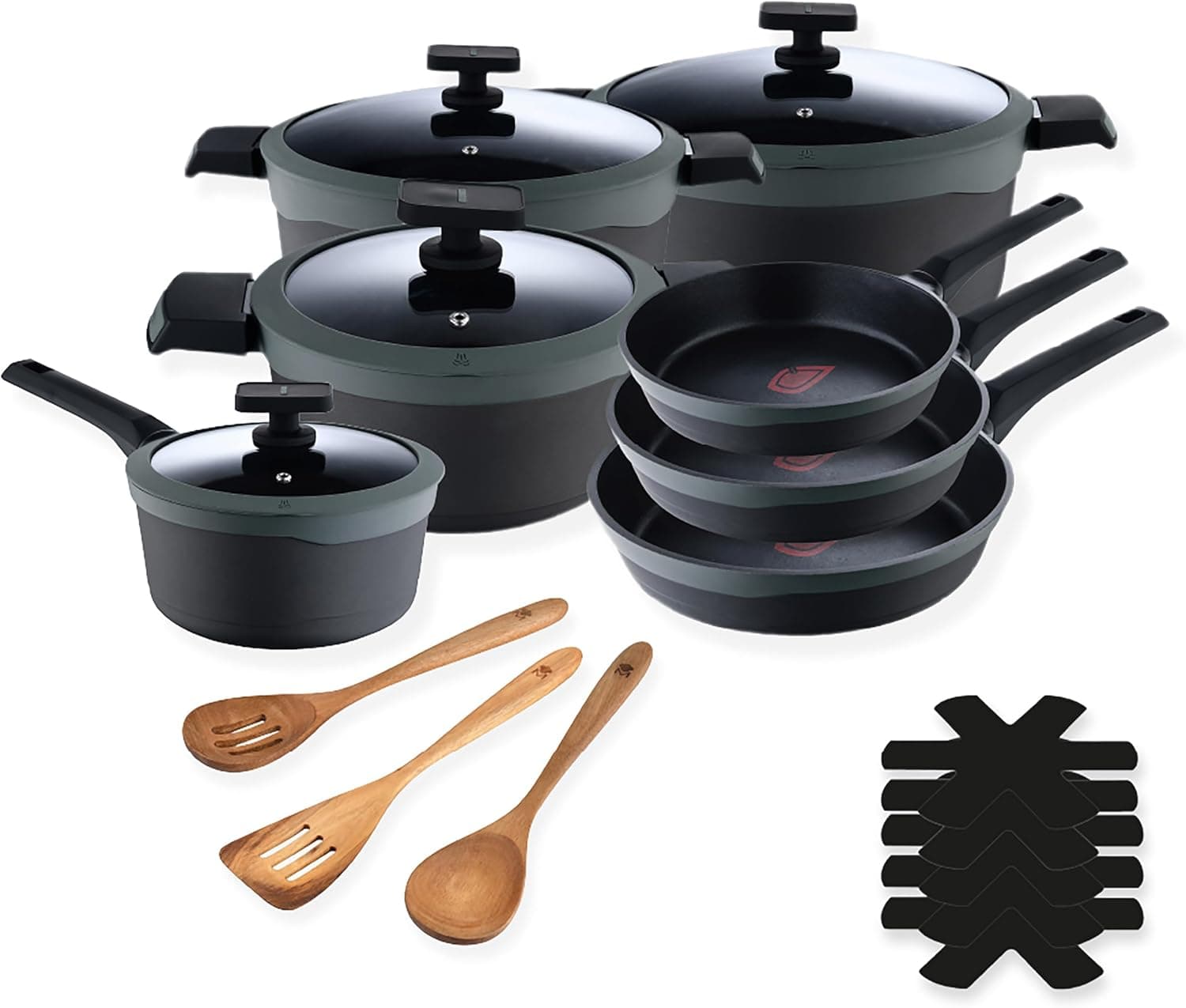 MasterPRO Gastro Reeco Bateria de cozinha em alumínio fundido, 3 frigideiras de 28, 24 e 20 cm, 4 tachos com tampa, utensílios de madeira, 5 protetores | conjunto completo, resistente e versátil