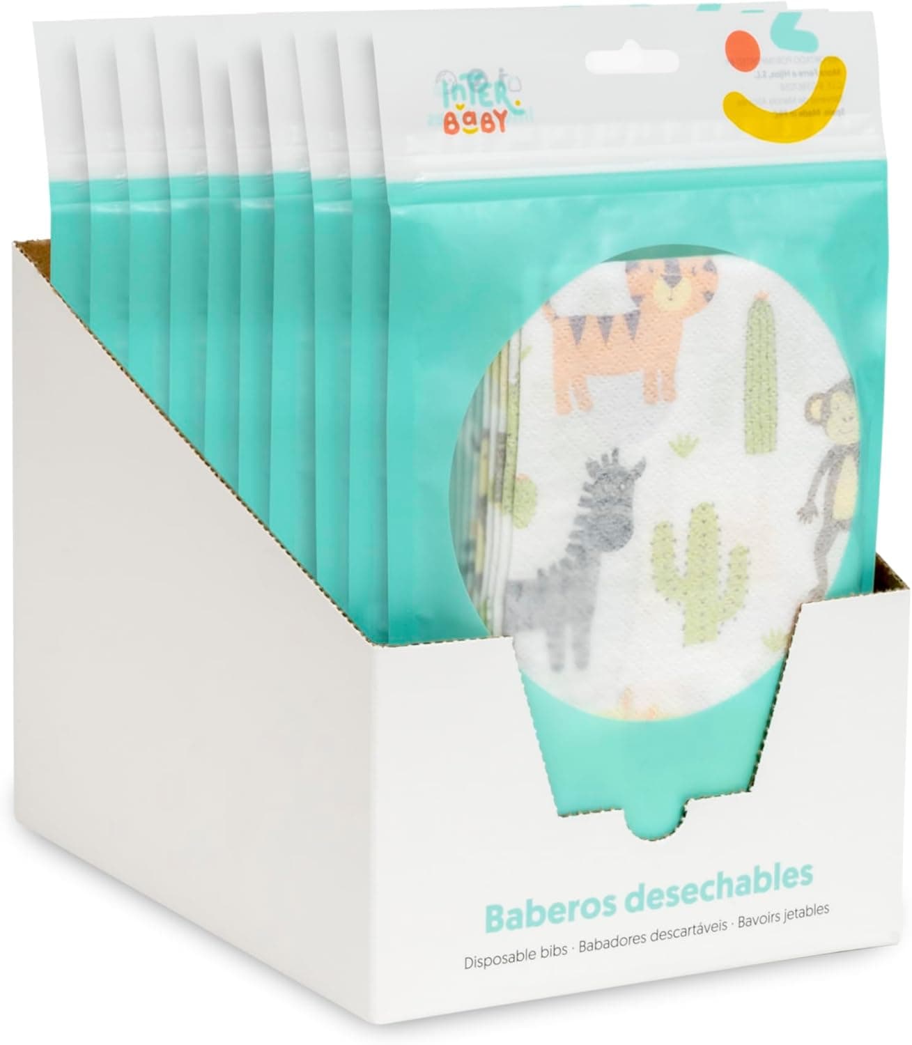PACK de 10 babetes descartáveis e impermeáveis · bolso para apanhar comida · ajustáveis · estampado infantil