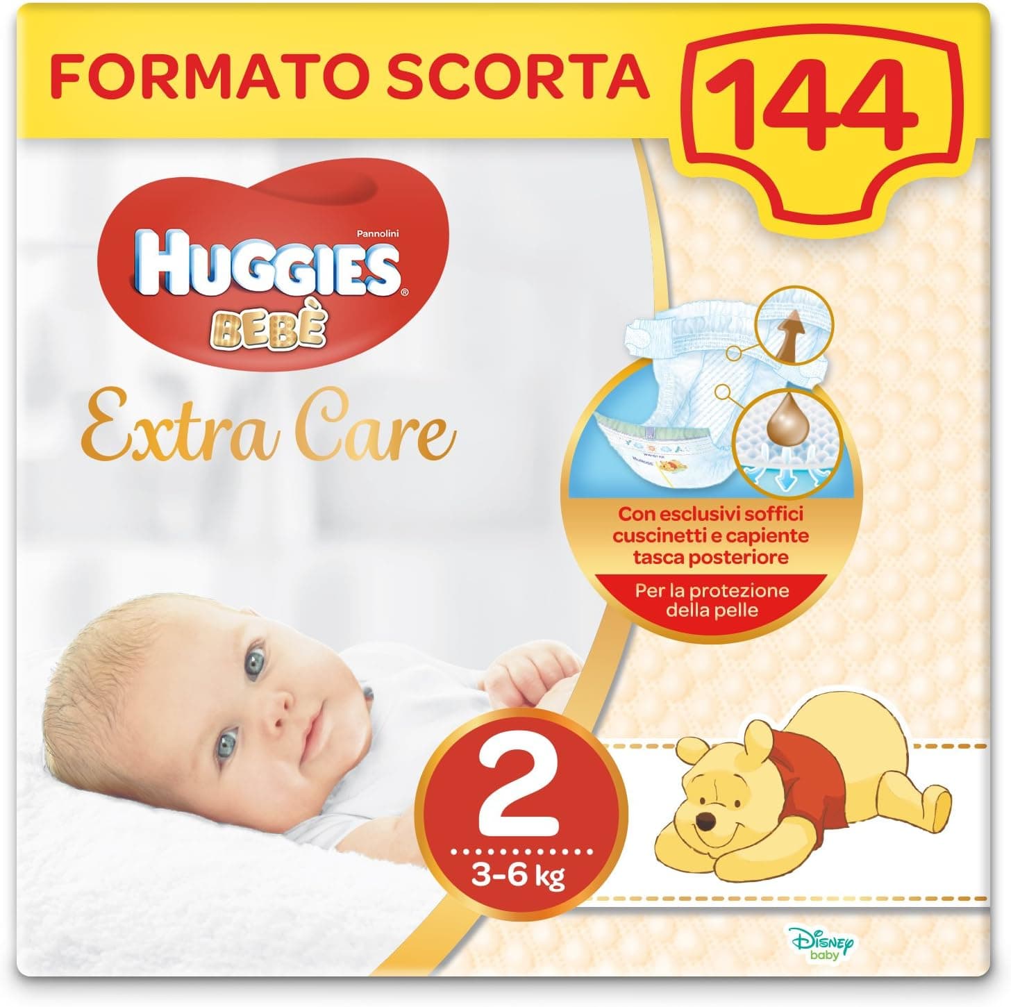Huggies Fraldas bebé extra care, tamanho 2 (3-6 kg) embalagem de 144 fraldas