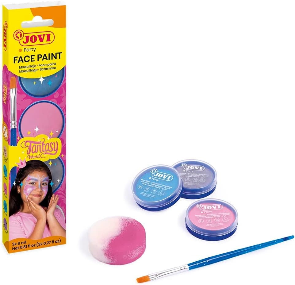 Jovi - Maquiagem infantil FANTASY, estojo de 3 frascos de 8 ml, maquilhagem em creme, cores rosa, azul claro e prateado, inclui esponja de maquilhagem e pincel plano (174FA)