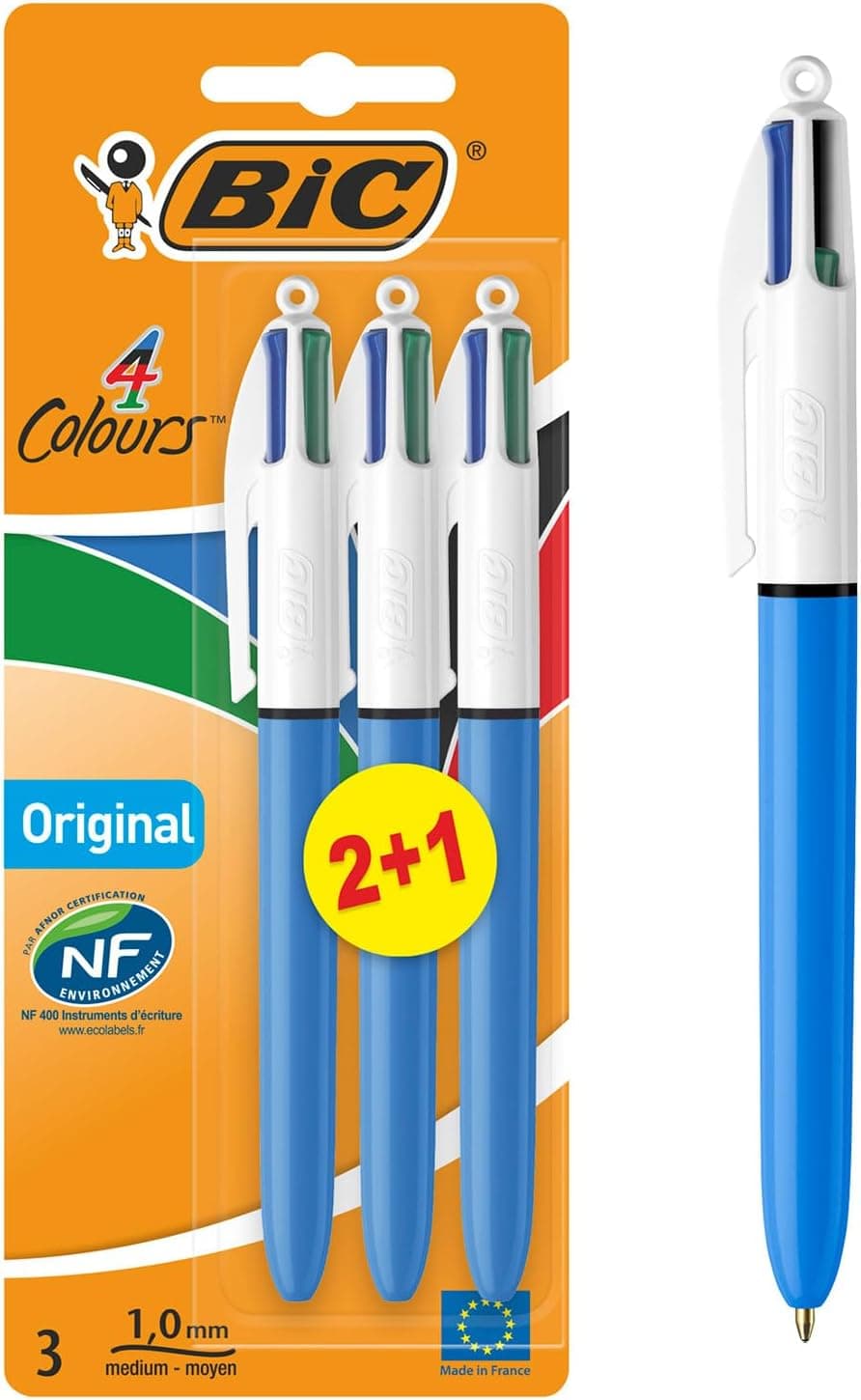 BIC 4 Colours Original | Caneta esferográfica retrátil, sortido de 3 cores, ponta média 1 mm