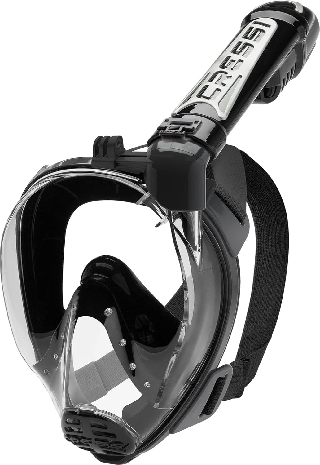 Máscara facial completa Cressi para adultos, unissexo, para snorkeling, seca, ampla visão com suporte para câmara de ação, preto/preto, S/M