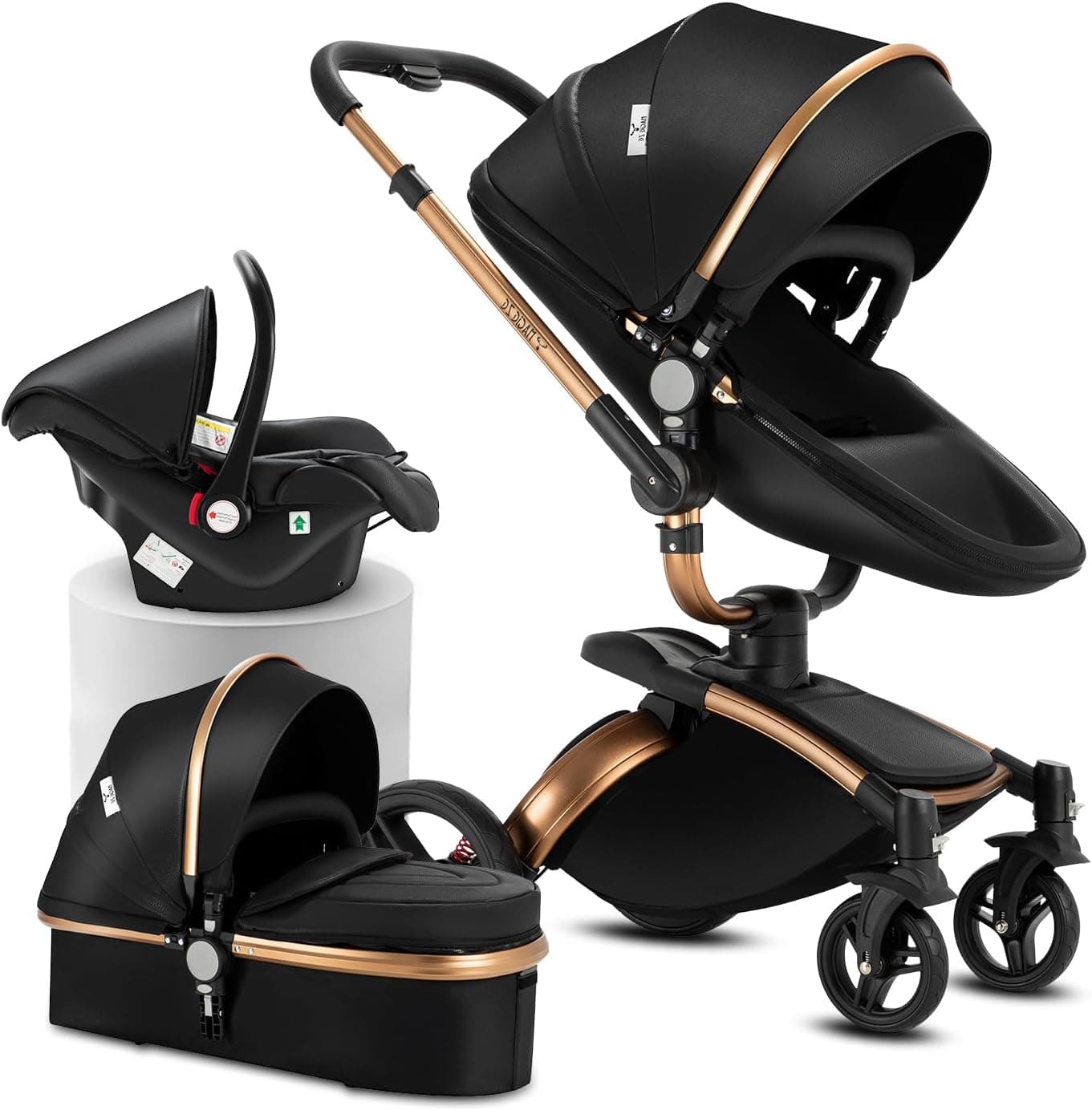 Reenborn Carrinho de couro PU bebé 3 em 1, carrinho de bebé com assento ajustável rotação 360°, carrinho de bebé 3 peças com moldura de alumínio, carrinho de bebé com design dobrável com um só clique