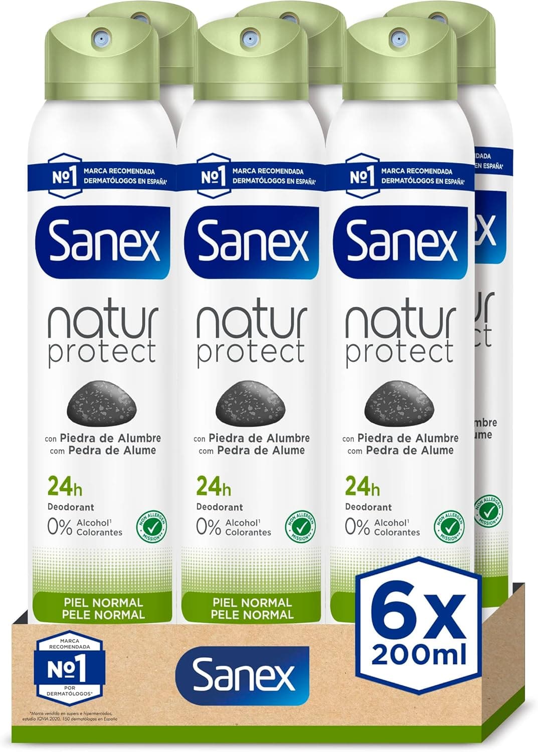 Sanex Natur Protect Desodorante em spray, conjunto de 6 unidades x 200 ml, proteção contra o mau odor, com pedra de alúmre, 0 % álcool, sem alérgenos nem corantes, pele normal