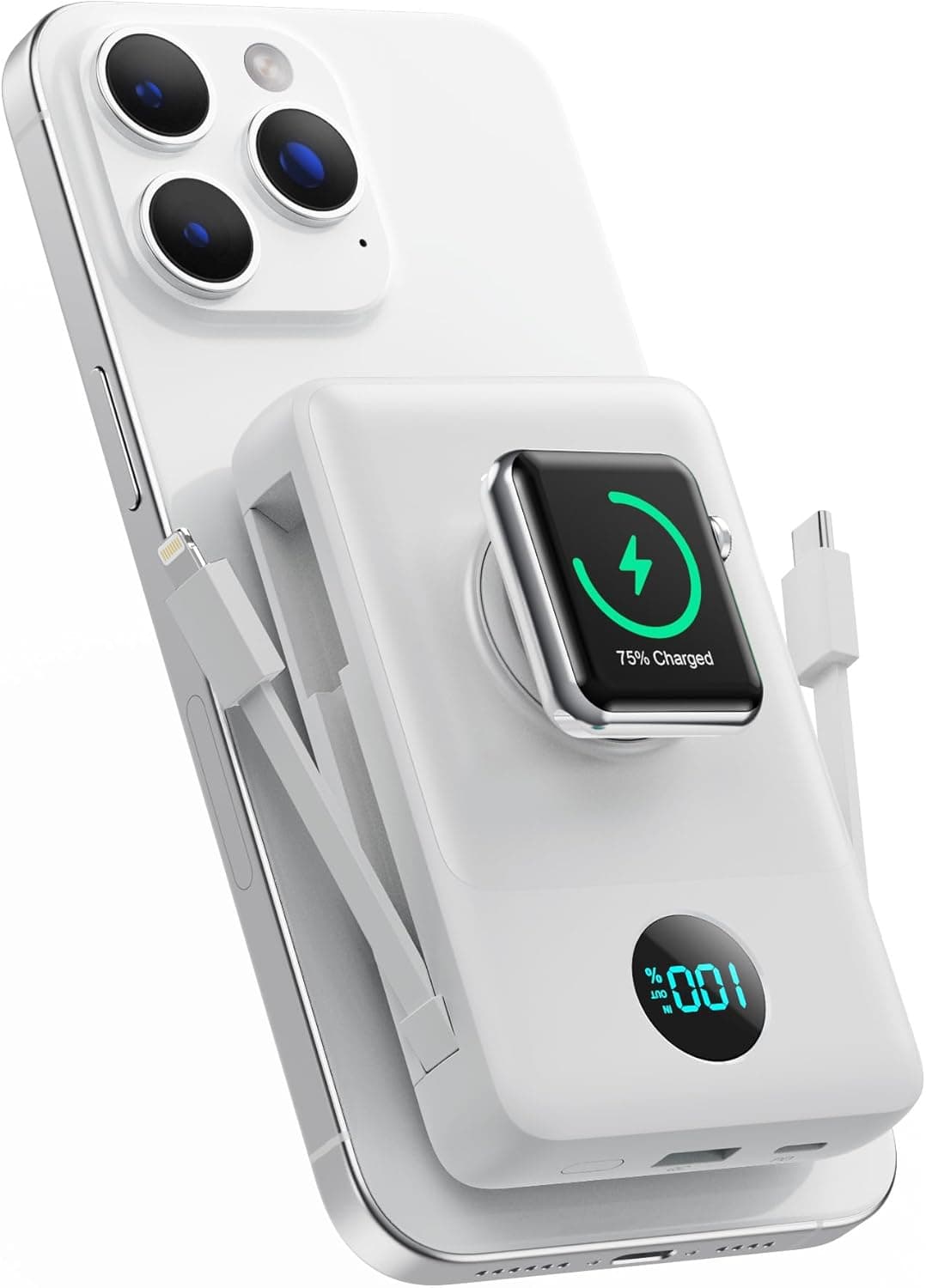 Magnético Power Bank com cabo integrado para MagSafe, bateria externa de 10800 mAh, carregamento rápido QC4.0 + PD 25 W USB C sem fios bateria portátil com ecrã LED para Apple Watch/iPhone 16/15/14/13