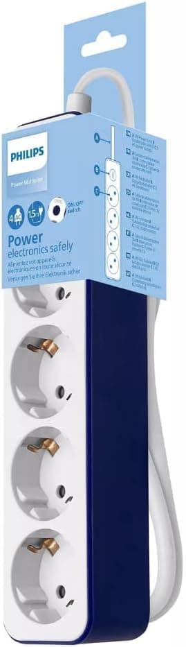Philips CHP2145U Extensão de 4 tomadas, bloqueio de energia, 1,500 W, cabo de alimentação entrançado, 1,5 metros, alta resistência, fecho de segurança (indicador LED Prot) - cor branco/azul