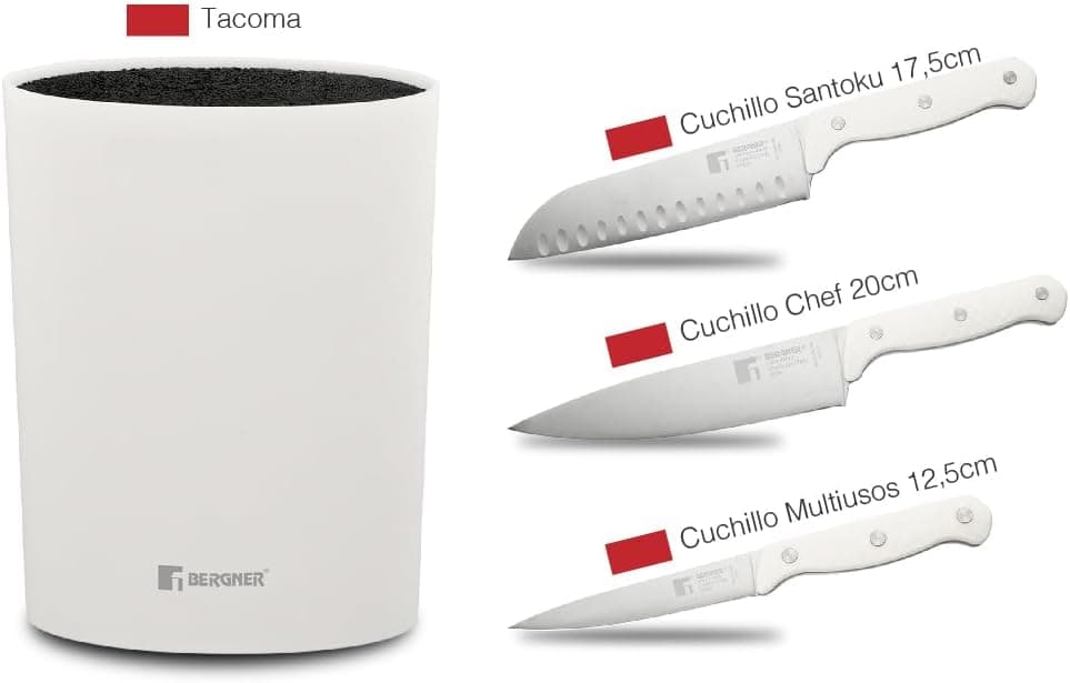 BERGNER NATURALLY Conjunto de 4 facas de aço inoxidável, chef, 20 cm, Santoku 17,5 cm, multitarefa 12,5 cm, bloco protetor, cabo branco de toque suave, lavagem à mão recomendada, prata