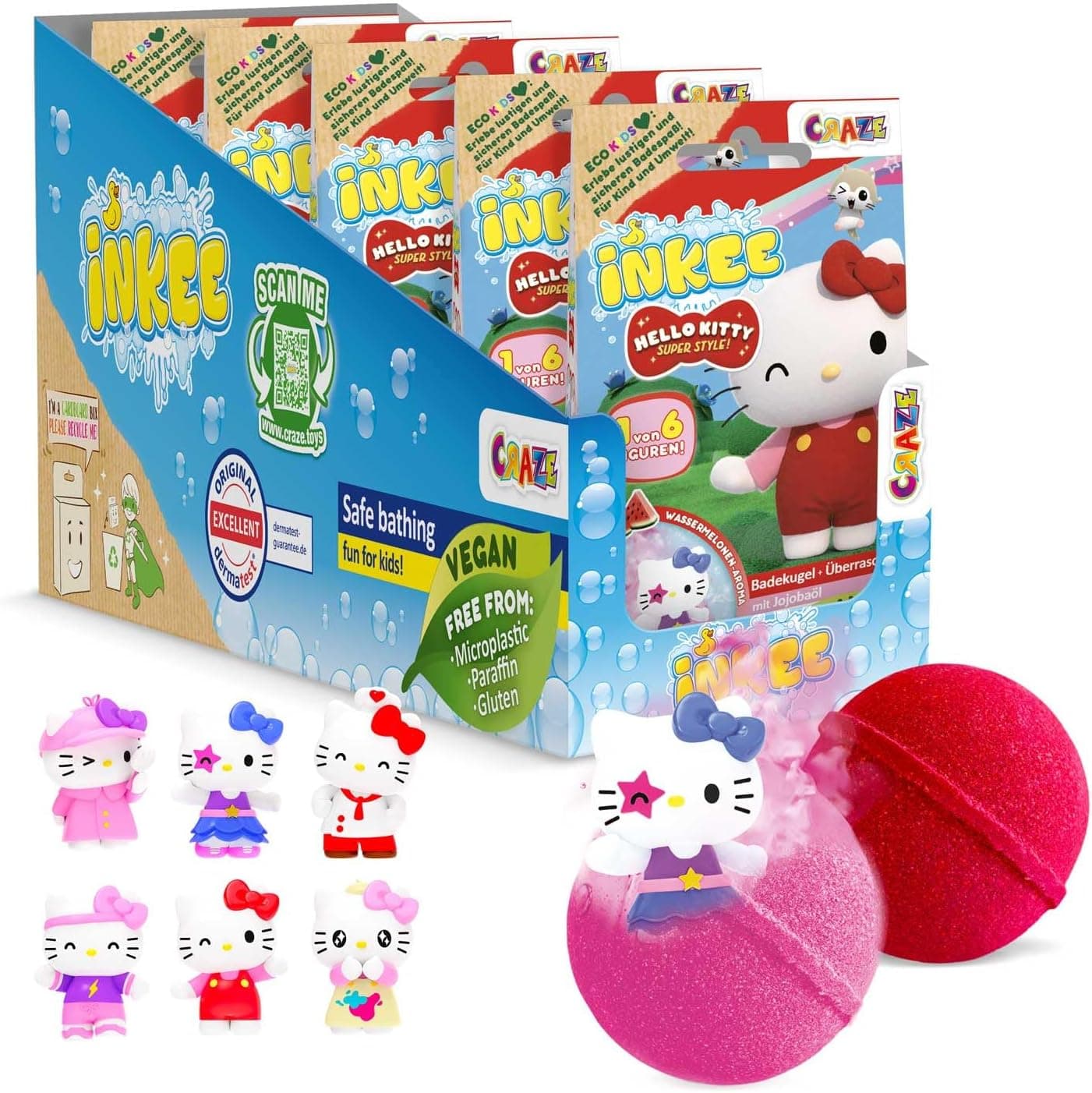 INKEE Hello Kitty | Pack de 5 bombas de banho com figuras surpresa, aroma de melancia e óleo de jojoba, 5 x 80 g