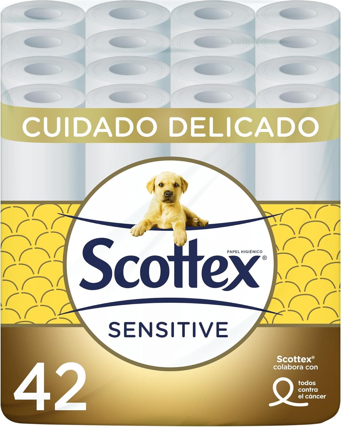 Scottex Papel higiénico Sensitive 42 rolos com 3 camadas, cuidado delicado graças ao toque de leite de amêndoas (7 embalagens de 6 rolos)