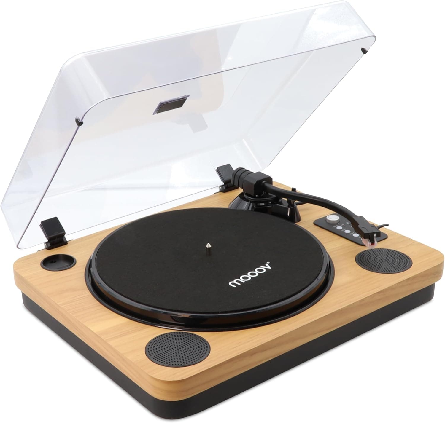 Mooov 477361 - Gira-discos de vinil Bluetooth, 3 velocidades, altifalantes estéreo, potência de 15 W, saída USB para converter vinis em formato digital, saída RCA, acabamento em madeira natural