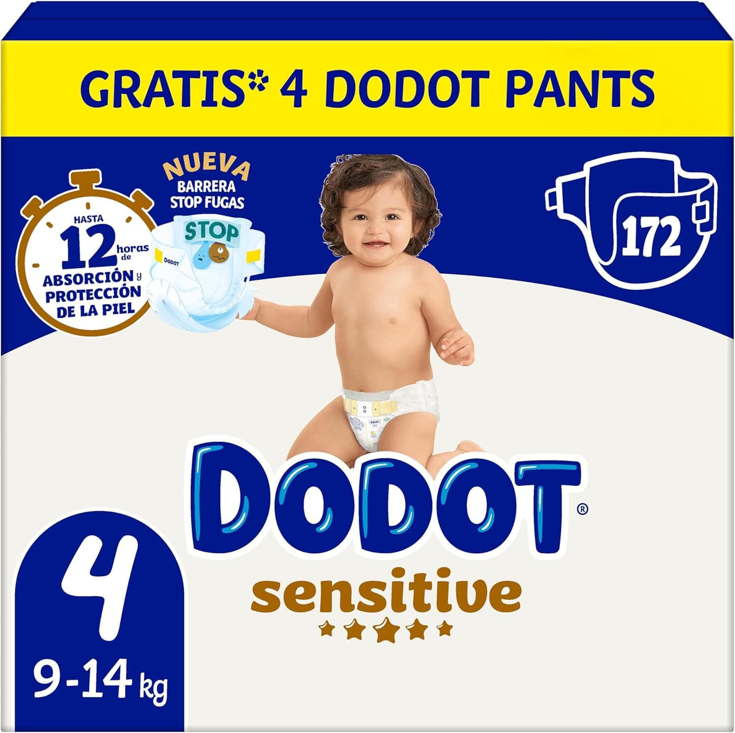 Dodot Sensitive Tamanho 4 | 172 fraldas descartáveis para bebé com proteção até 12 horas e cuidado da pele + 4 calcinhas oferta