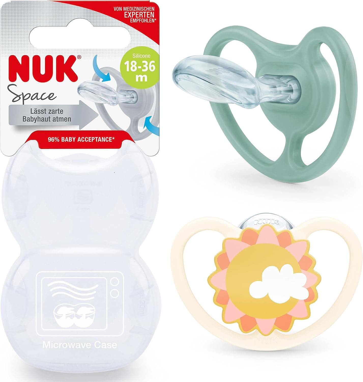 NUK Space Chupeta, 18-36 meses | Chupetes com ventilação adicional para peles sensíveis, silicone sem BPA, zebra e sol, 2 unidades