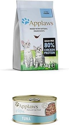 Bundle of Applaws Comida seca completa Grain Free de frango para gatos cachorros - saco reutilizável de 1 x 7,5 kg Applaws gatinho atum natural comida húmida em gelatina - 24 latas de 70 g