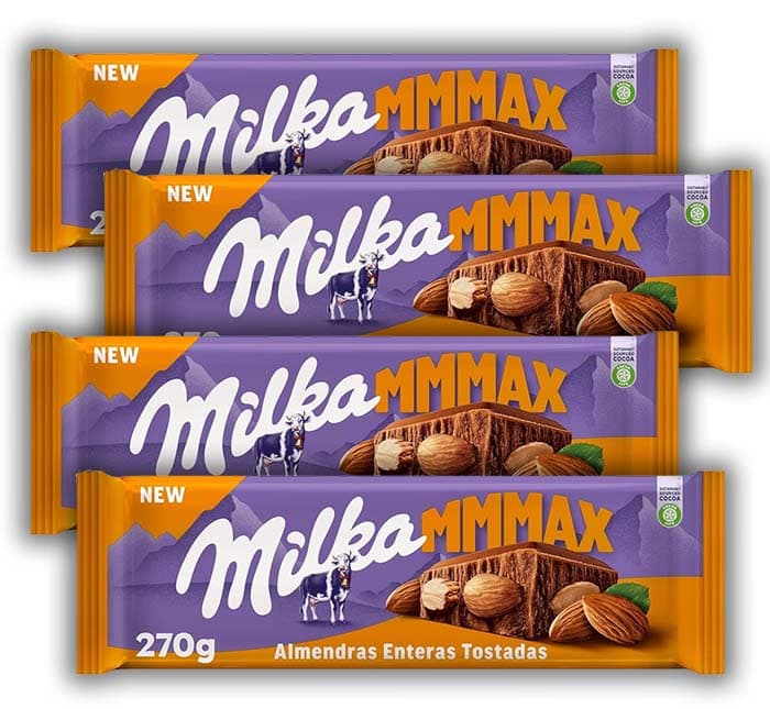Milka MMMAX Tablete grande de chocolate com leite dos alpes com amêndoas inteiras torradas, 270 g x 4