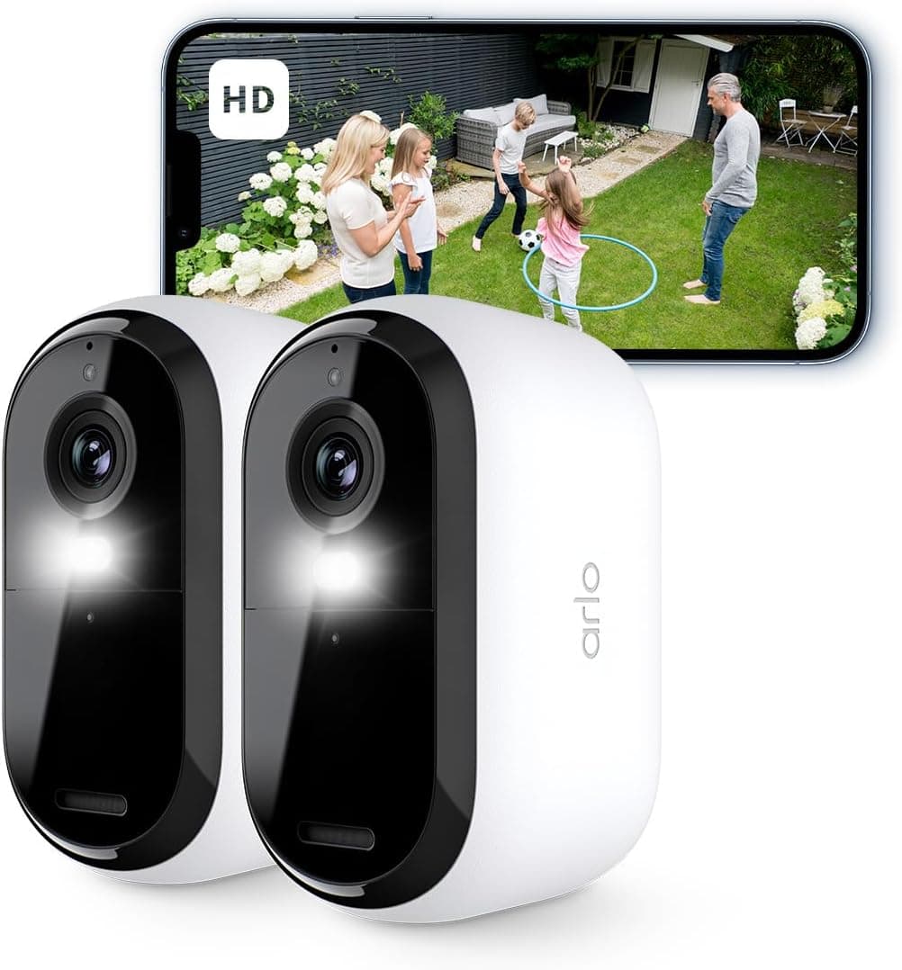 Arlo Essential 2 câmara de vigilância WiFi exterior HD, câmara de vigilância WiFi interior, sensor de movimento, alarme para casa, visão noturna colorida, teste de arco seguro incluído, 2 câmaras