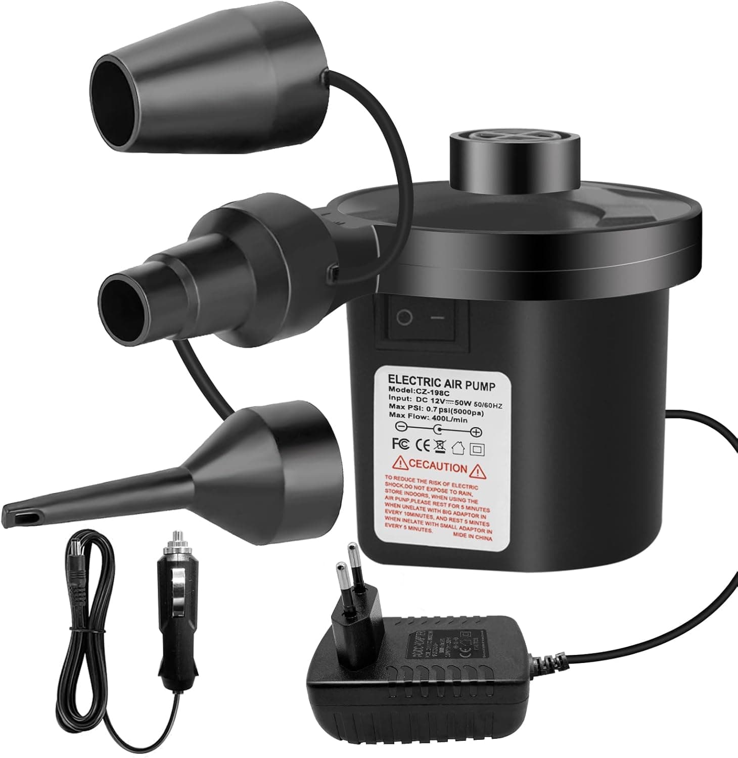 Jsdoin Inflador elétrico, bomba de ar elétrica portátil, 240 V AC / 12 V DC insuflador colchão insuflável, refletor para piscinas, barcos, brinquedos insuflável ou campismo, com 3 acessórios