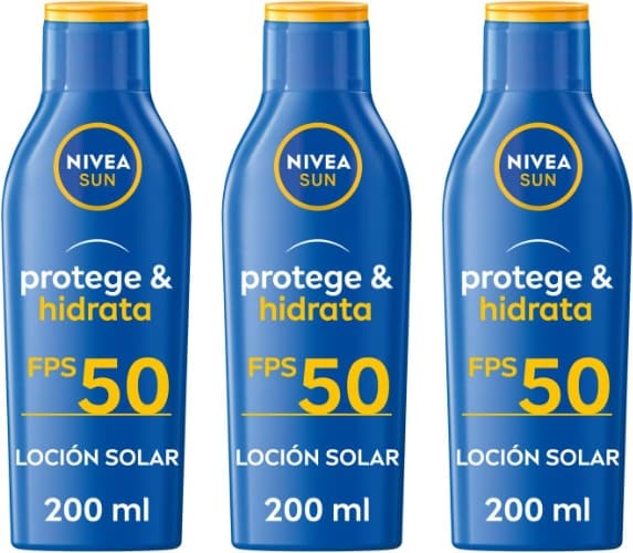 NIVEA SUN Protege & Hidrata loção solar FP50 , protetor solar 50 de absorção rápida e resistente à água, protetor hidratante com vitamina C e ácido hialurónico, proteção UVA/UVB muito alta, 200 ml x 3