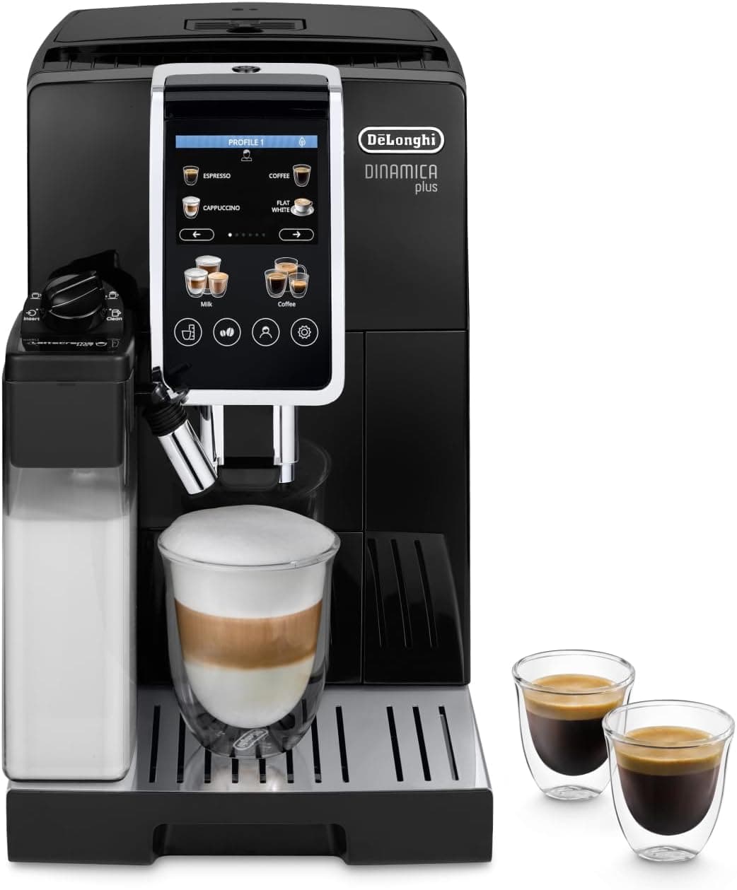 De'Longhi Dinamica Plus ECAM382.70.B, máquina automática de café em grão, máquina cappuccino com látex creme, cafeteira expresso, caneca com 18 receitas, ecrã TFT 3,5 ', 1450 W, preto