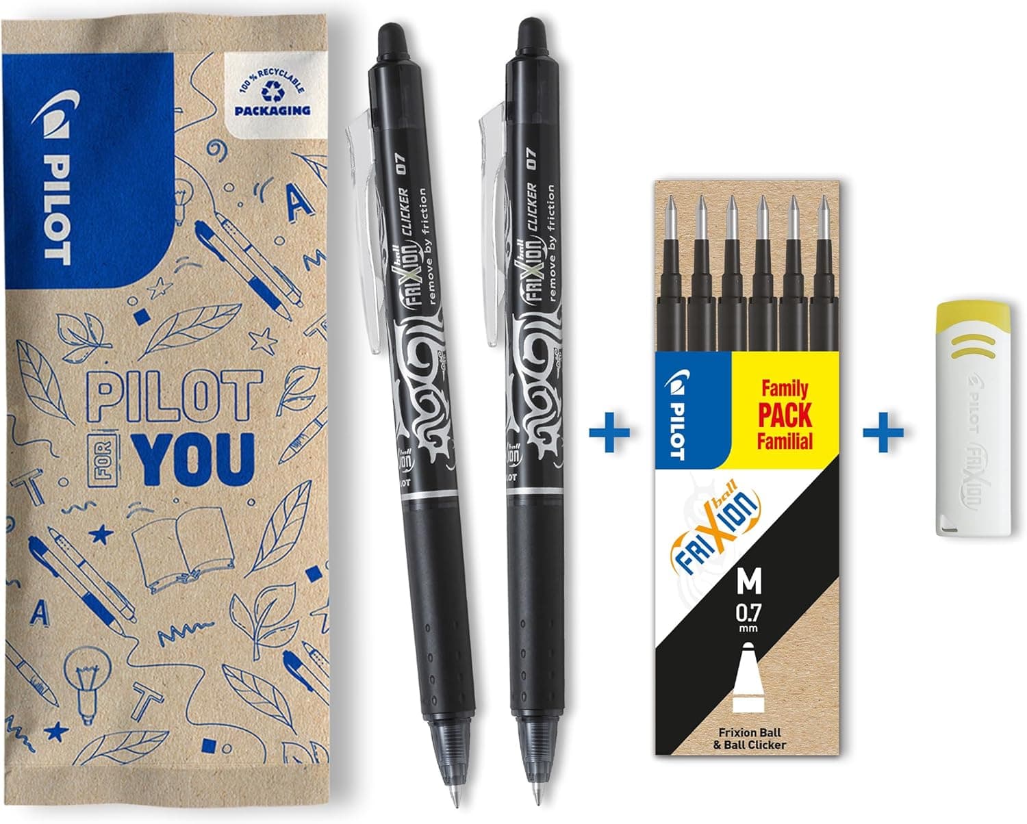 Pilot Frixion Clicker Esferográfica de tinta de gel apagável e recarregável com mecanismo de pressão e tinta termossensível, preto (2 canetas, 6 minas e 1 borracha), ponta média