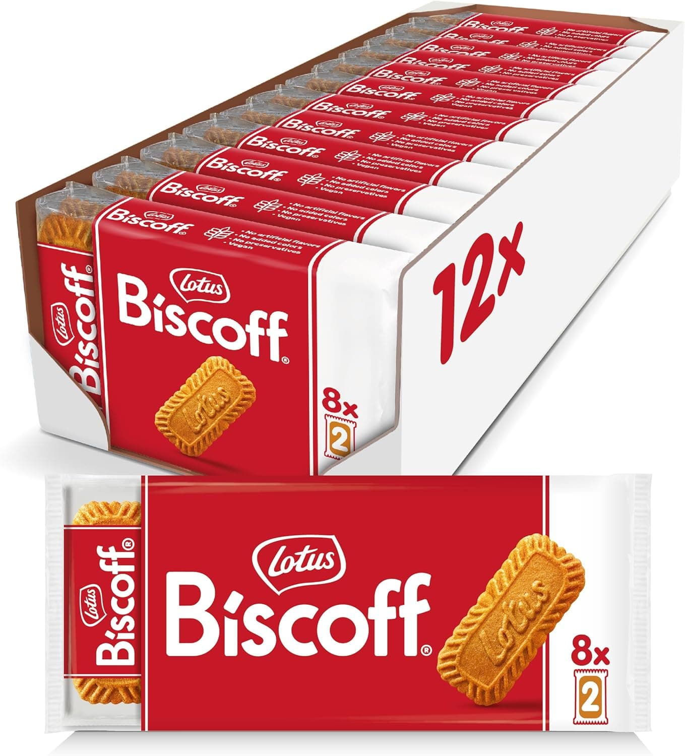 Lotus Biscoff | Bolacha Caramelizada Original | Embalada em Packs de 2 Bolachas | Vegan | Sem Corantes nem Conservantes | 12 x (8 x 2 packs) | 1,48kg