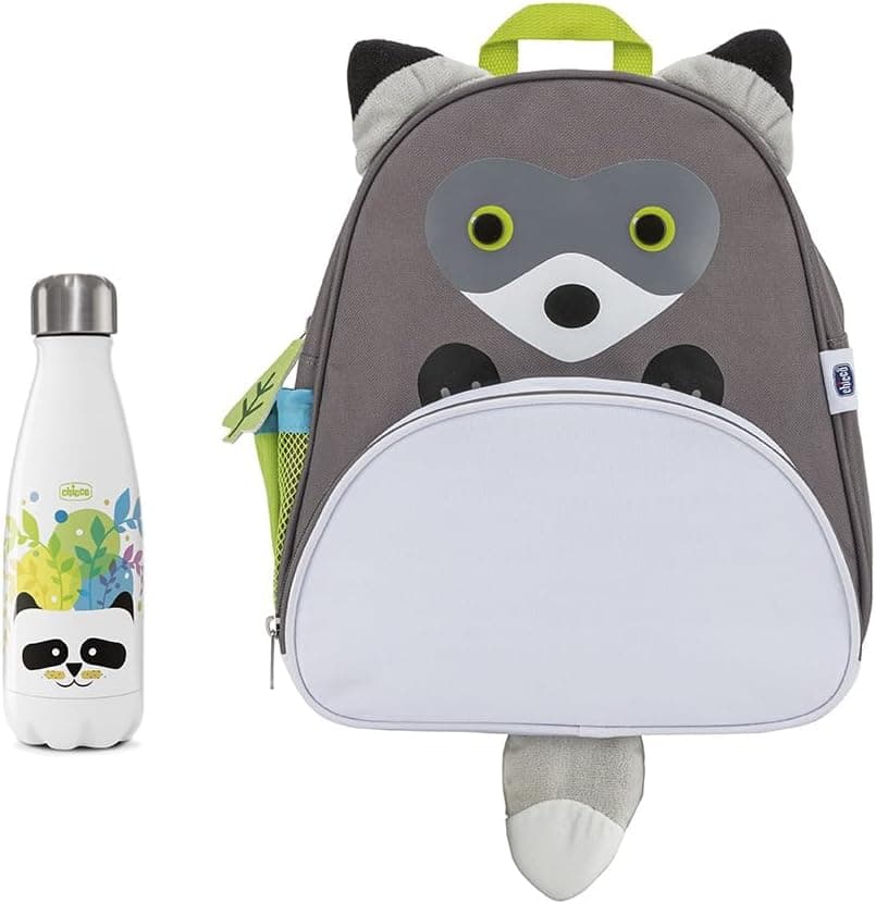 Chicco Raccoon School | Mochila ajustável e garrafa térmica em inox 350 ml para crianças a partir dos 2 anos