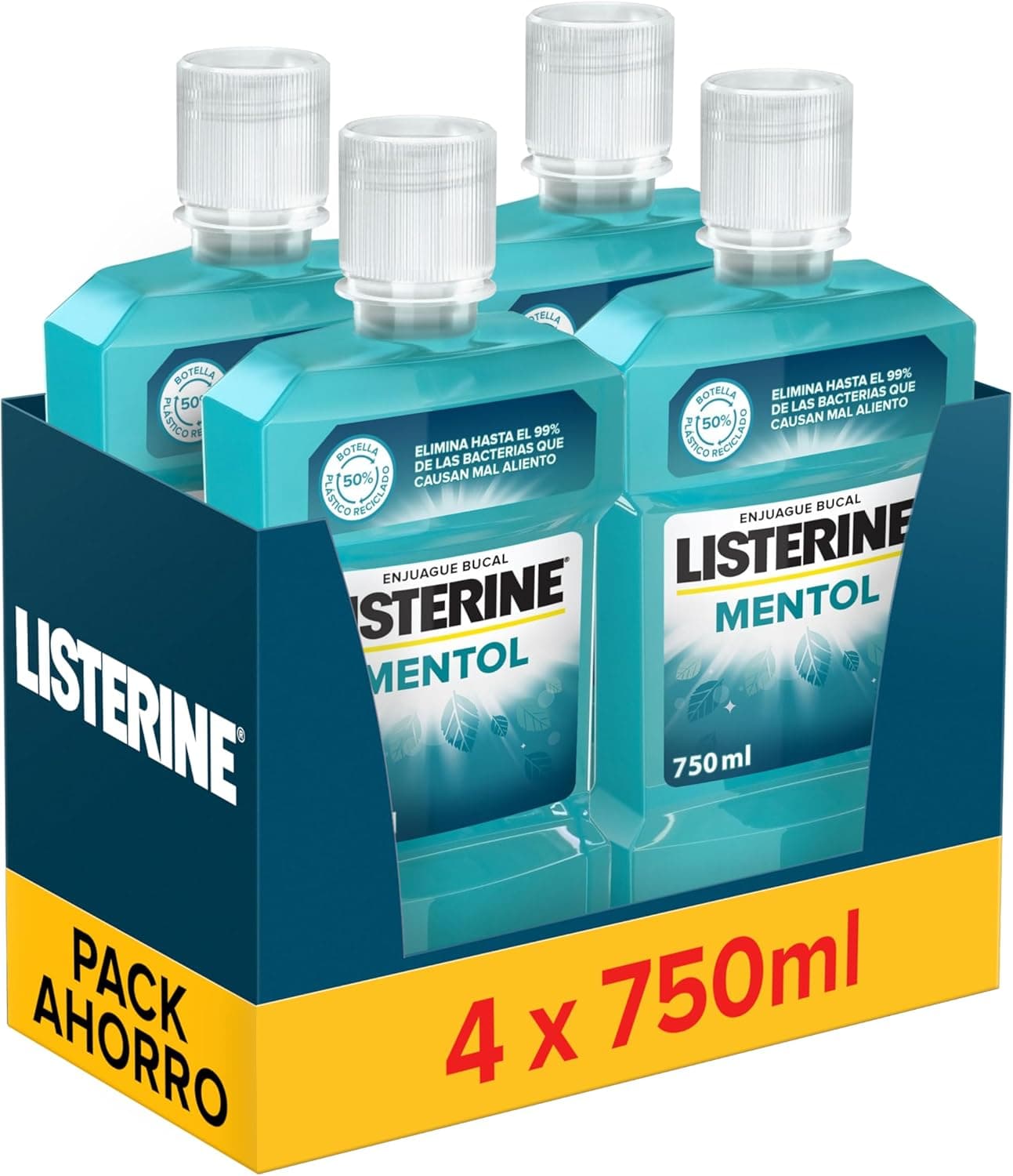Listerine Mentol enxaguar bucal com flúor, colutório bucal com 24 horas de proteção, elixir bucal mentolado para uma respiração fresca e duradoura, 750 ml x 4