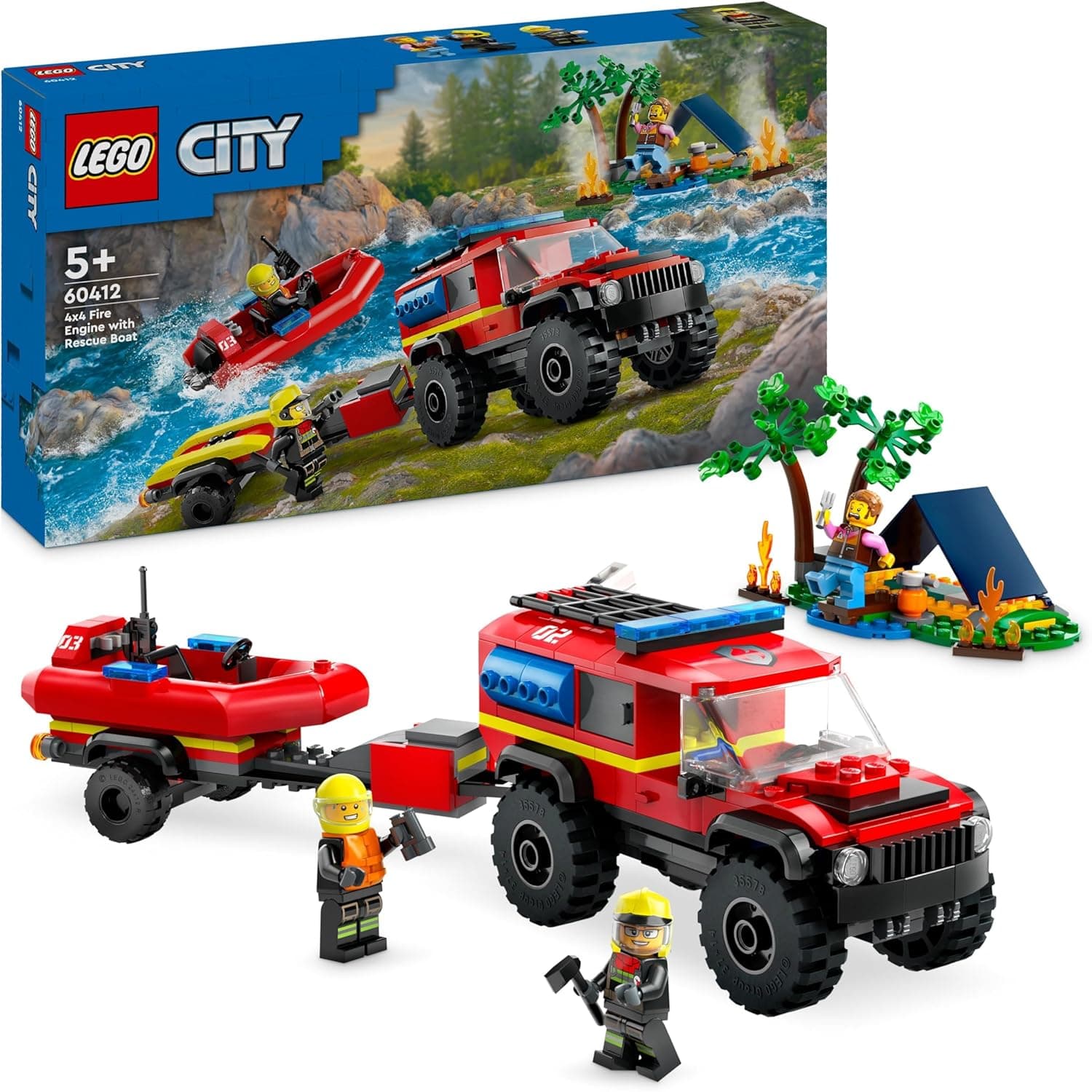 LEGO City Camião de bombeiros 4 x 4 com barco de resgate de brinquedo para meninos e meninas de 5 anos ou mais, barco de motorista, reboque, tenda de campismo e minifiguras de excursionista