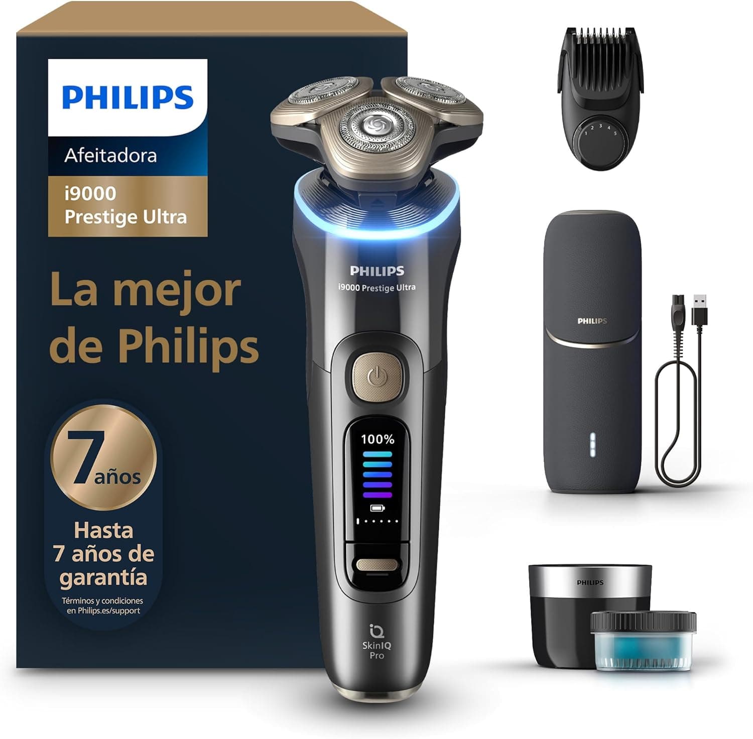 Philips i9000 Prestige Ultra, máquina de barbear elétrica para homem, máquina de barbear a seco e molhado, tecnologia SkinIQ Pro, recarregável, centro de limpeza, aparador, estojo de carregamento UV