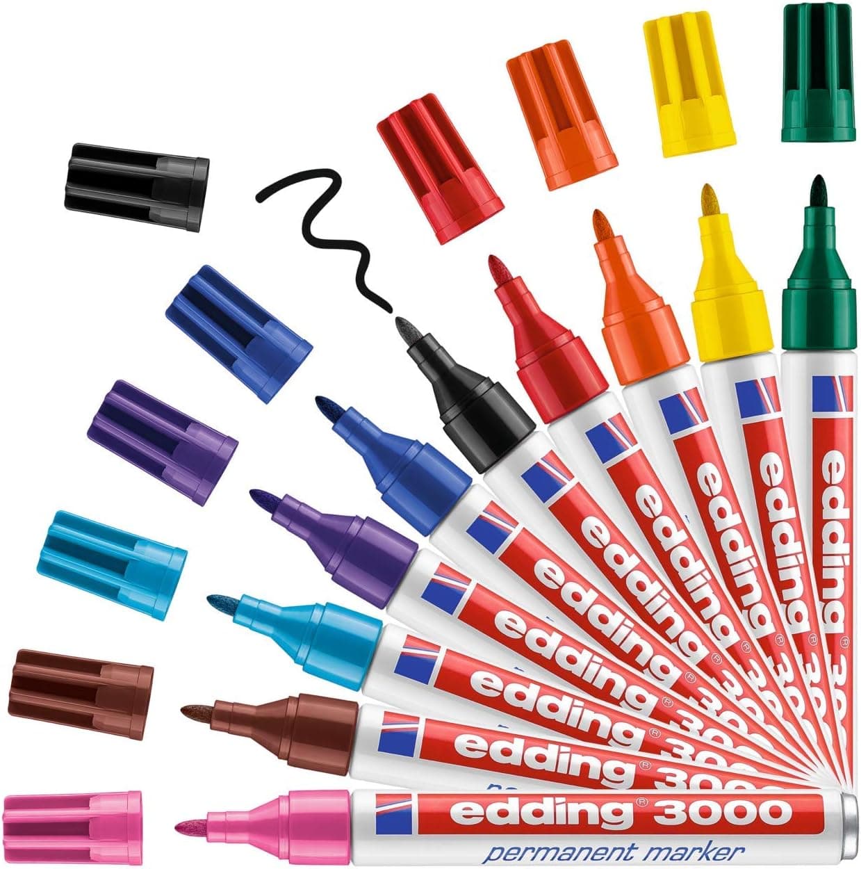 edding 3000 marcador permanente - multicolor - 10 cores básicas - ponta redonda 1,5-3 mm - secagem rápida indelével - resistente à água e aos borrões - cartão plástico madeira metal - universal
